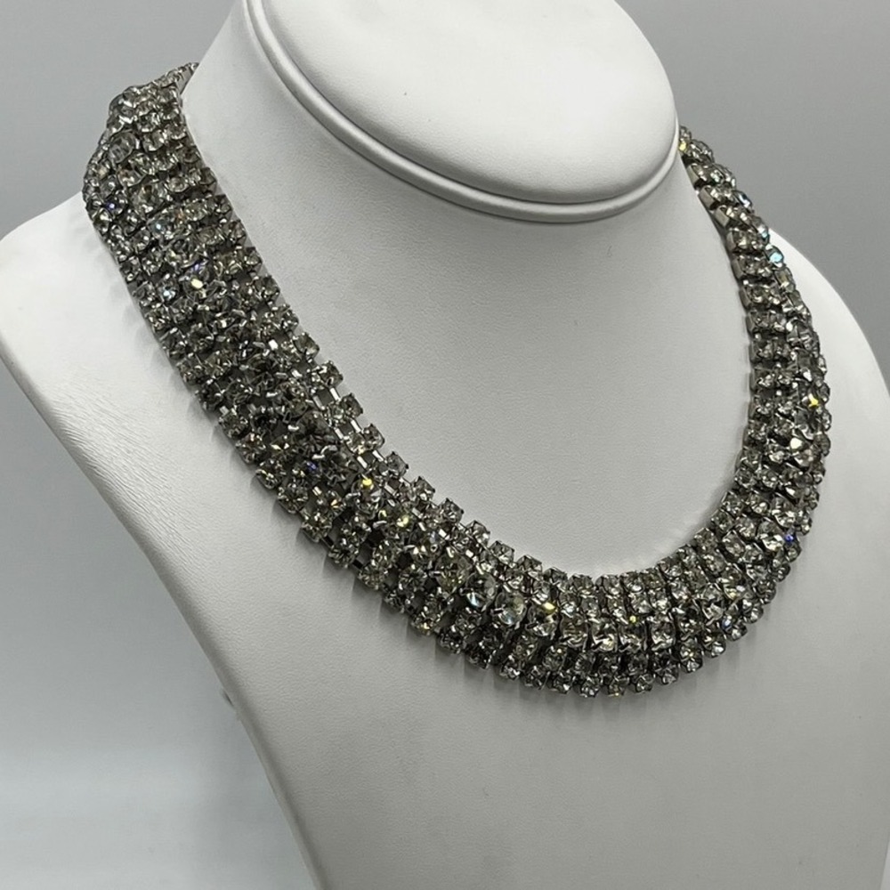 Vintage Art Deco Five Row Crystal Rhinestone‎ Bling Collar Necklace